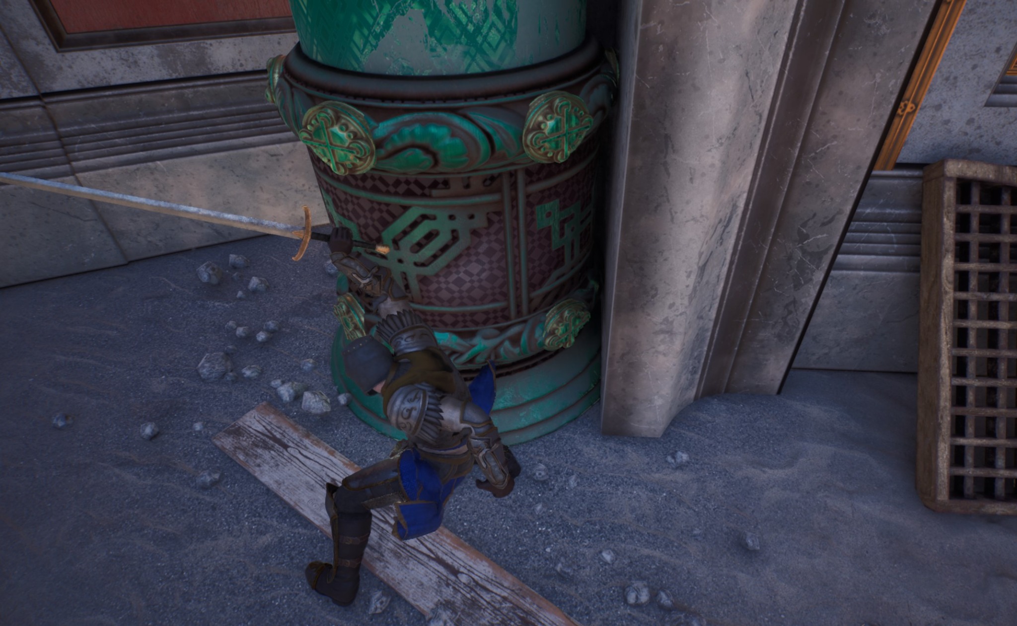 An armored fighter’s arm and sword in contact with a pillar, showing a physical response.