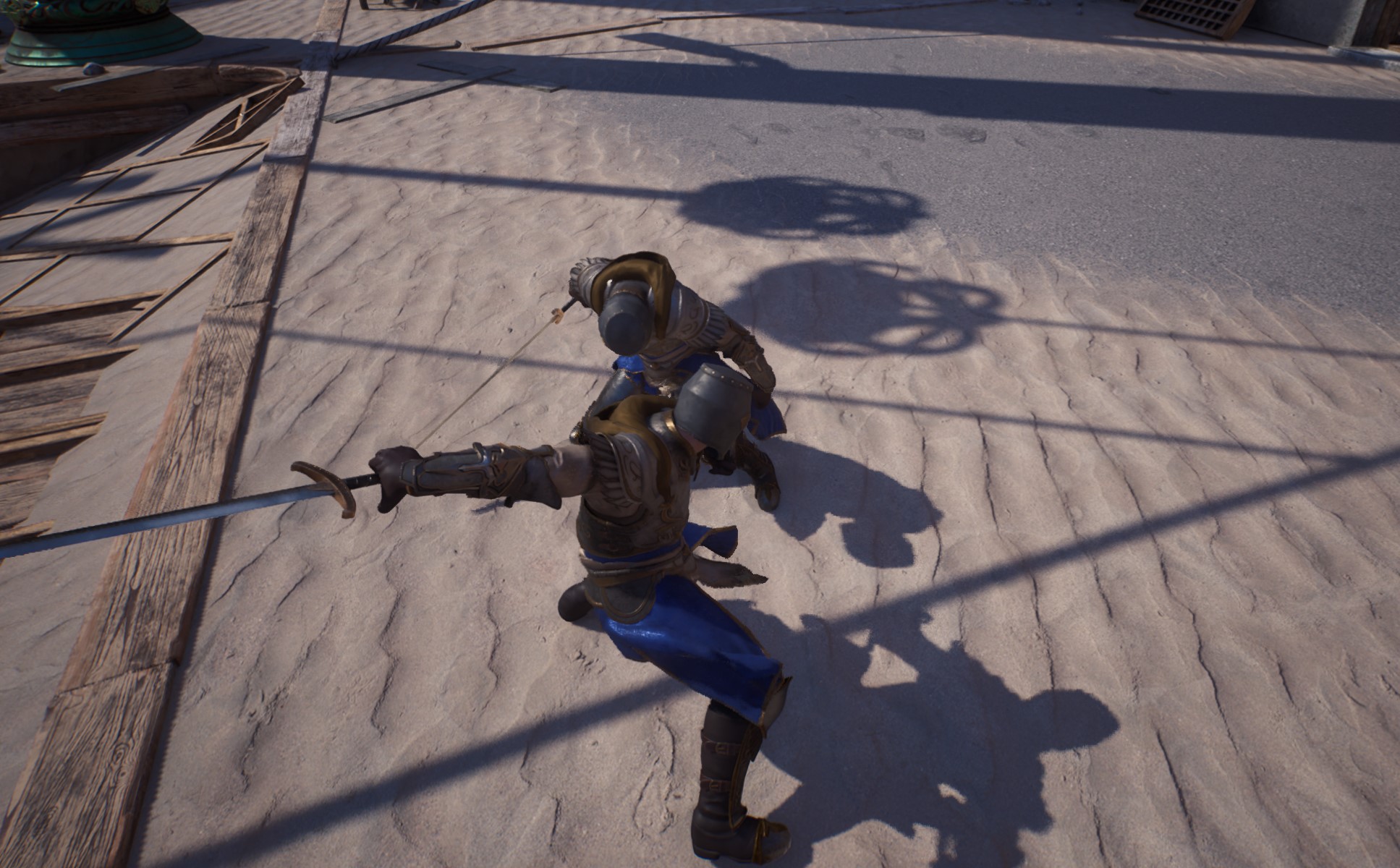 Two armored fighters exchanging sword attacks in the arena.