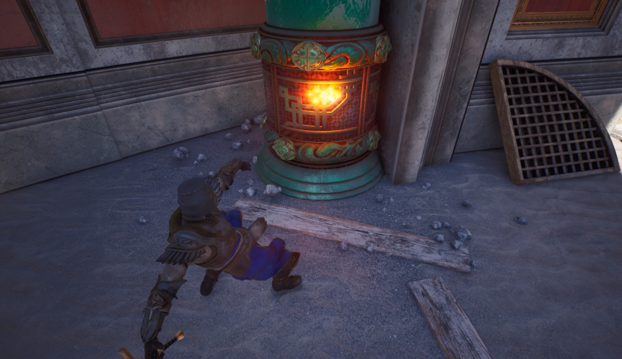 An armored fighter recoiling beside a wall and pillar after a weapon collision.